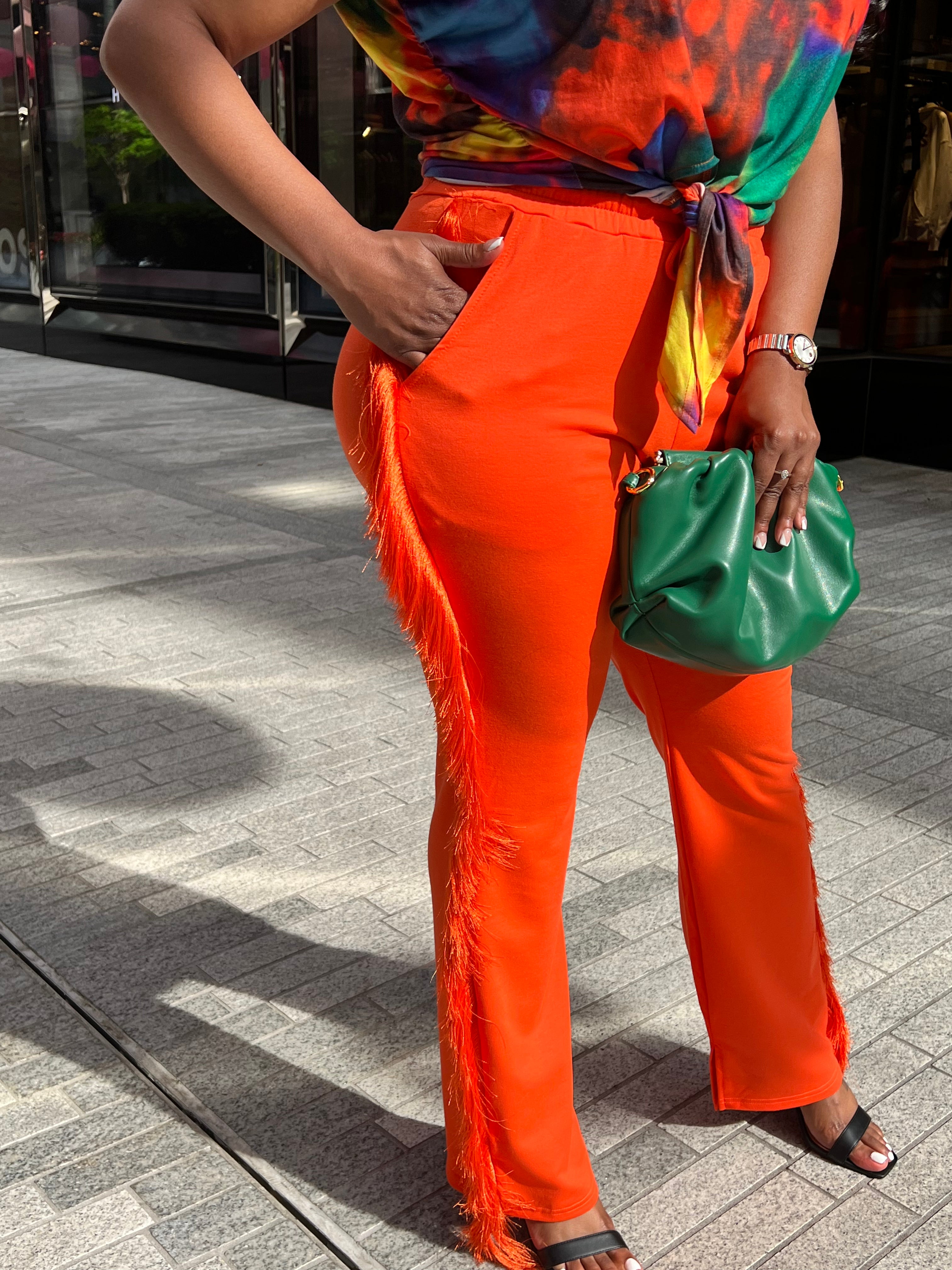 Orange Burst Fringe Pants